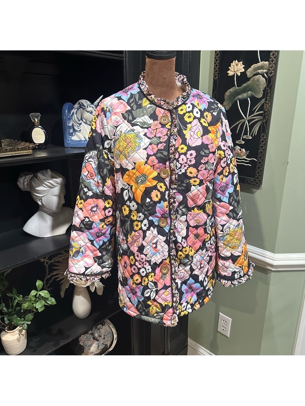 Sunday Up Floral Print Fleece‑Lined Quilted Jacket – Size Small (Oversized Fit)